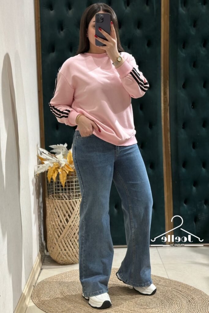 Pink Crewneck Sweatshirt with Black Stripes + Blue Flared Jeans + White Sneakers