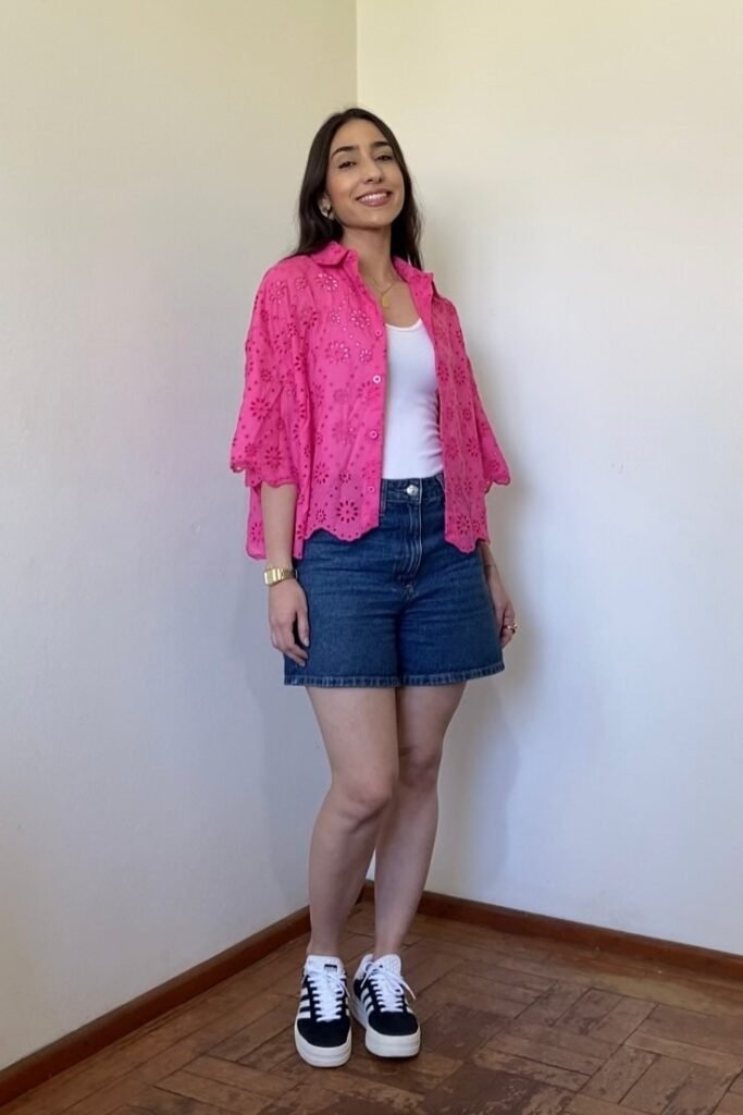 Pink Eyelet Button-Down Shirt + White Tank Top + Denim Shorts + Black & White Platform Sneakers