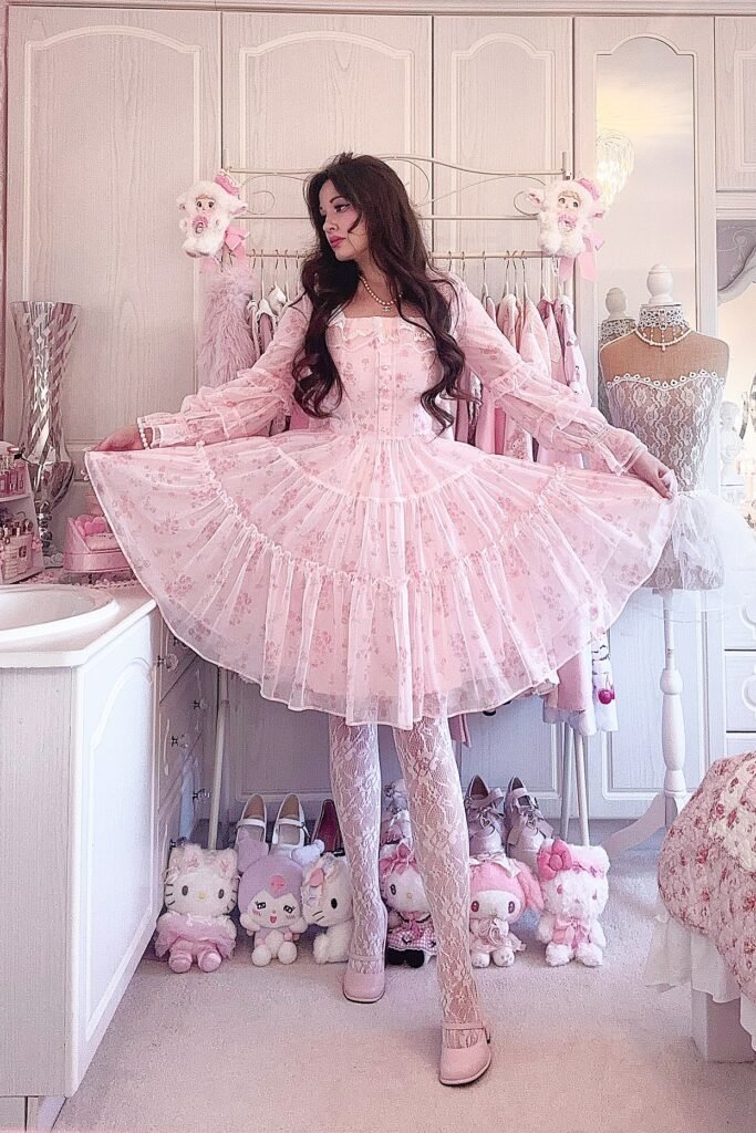 Pink Floral Long Sleeve Lace Dress + White Floral Tights + Pink Mary Janes