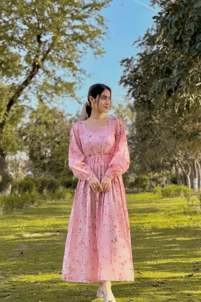 Pink Floral Long Sleeve Maxi Dress + White Slides