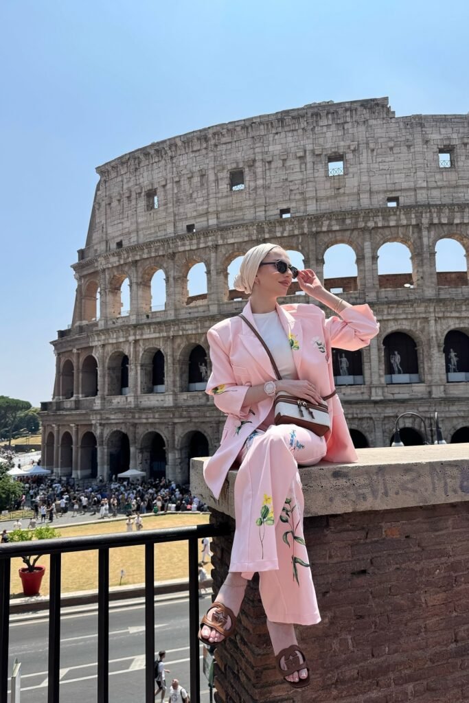 Pink Floral Power Suit + White T Shirt + Brown Leather Sandals