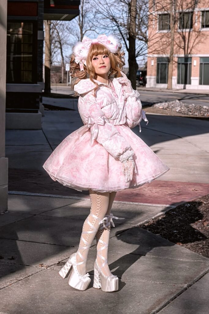 Pink Floral Puffer Jacket + Pink Floral A-Line Skirt + White Platform Mary Janes