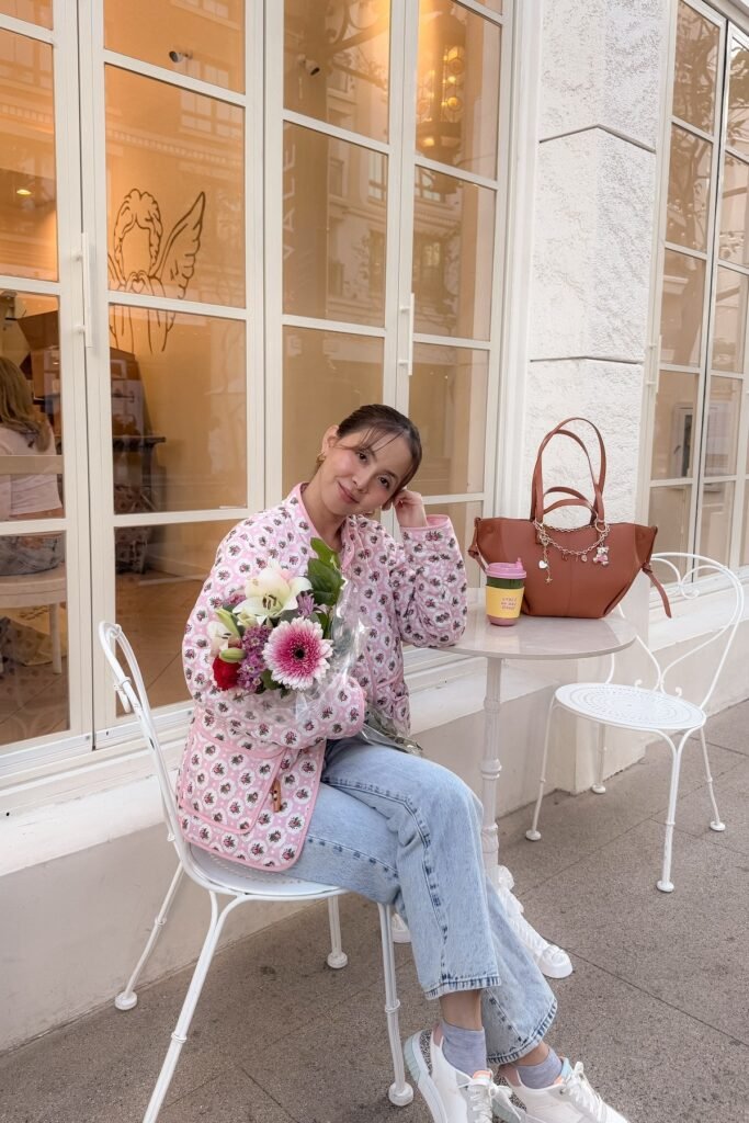 Pink Floral Quilted Jacket + Light Wash Straight-Leg Jeans + White Platform Sneakers
