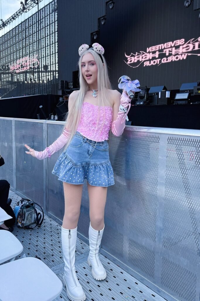 Pink Floral Sequin Tube Top + Blue Embellished Denim Skirt + White Tall Boots