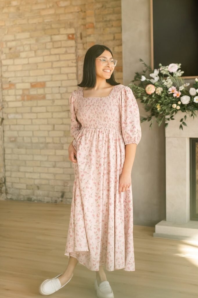 Pink Floral Smocked Midi Dress + White Loafers