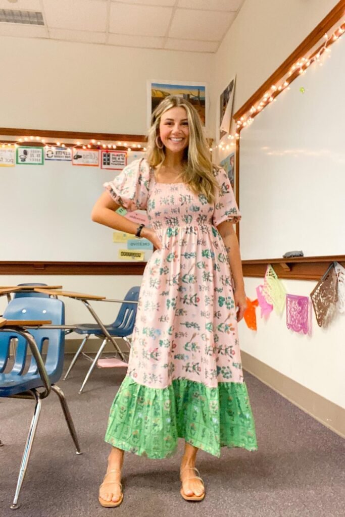 Pink Floral Smocked Midi Dress with Green Tiered Hem + Gold Strappy Sandals