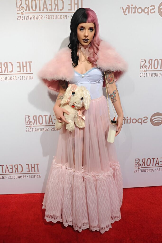 Pink Fur Shawl + Blue Corset Top + Sheer Pink Maxi Skirt