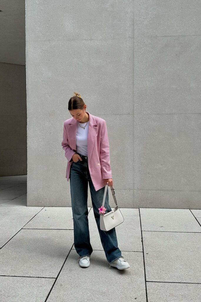 Pink Gingham Blazer + White T Shirt + Wide Leg Dark Denim Jeans + White Platform Sneakers