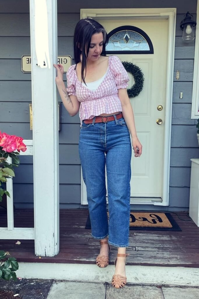 Pink Gingham Puff Sleeve Top + Medium Wash High Waisted Jeans + Tan Strappy Sandals