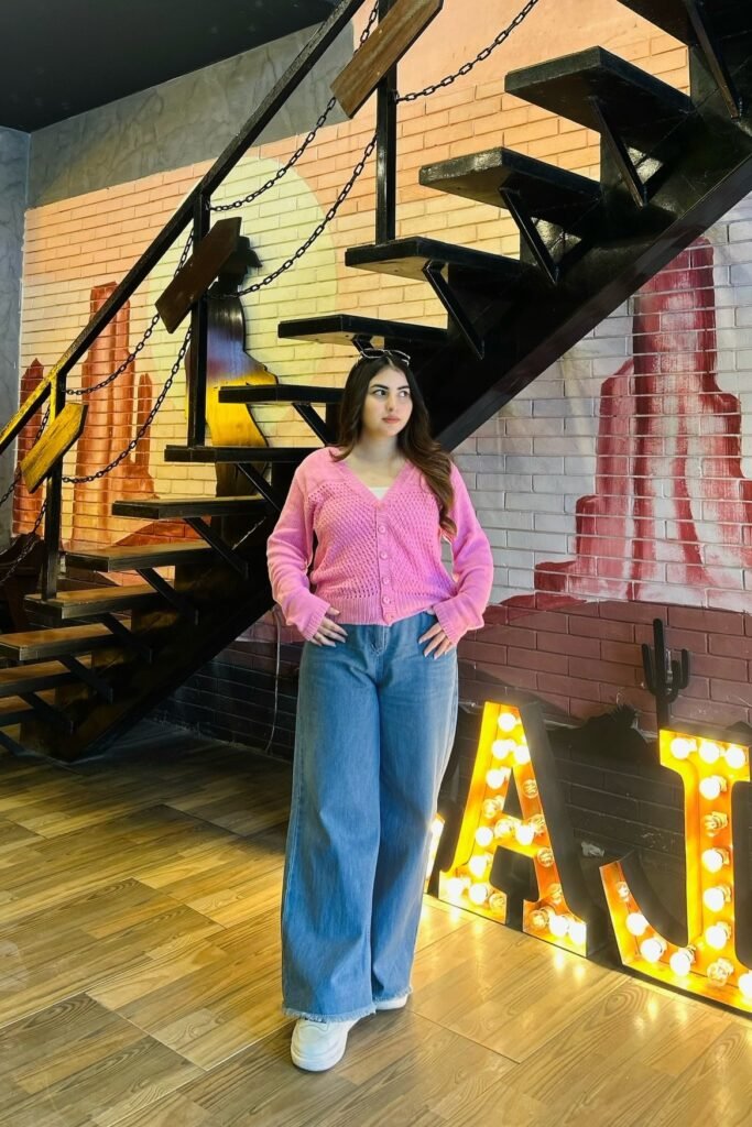 Pink Knit Cardigan + Wide-Leg Light Blue Jeans + White Sneakers