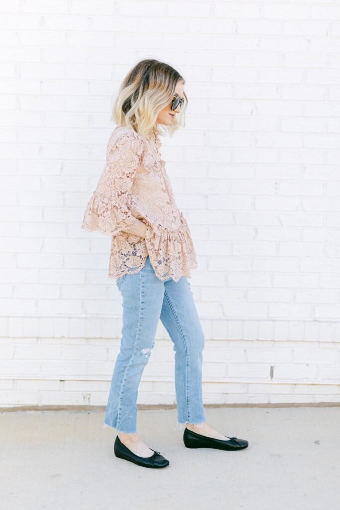 Pink Lace Ruffle Blouse + Light Wash Distressed Straight Jeans + Black Square Toe Ballet Flats