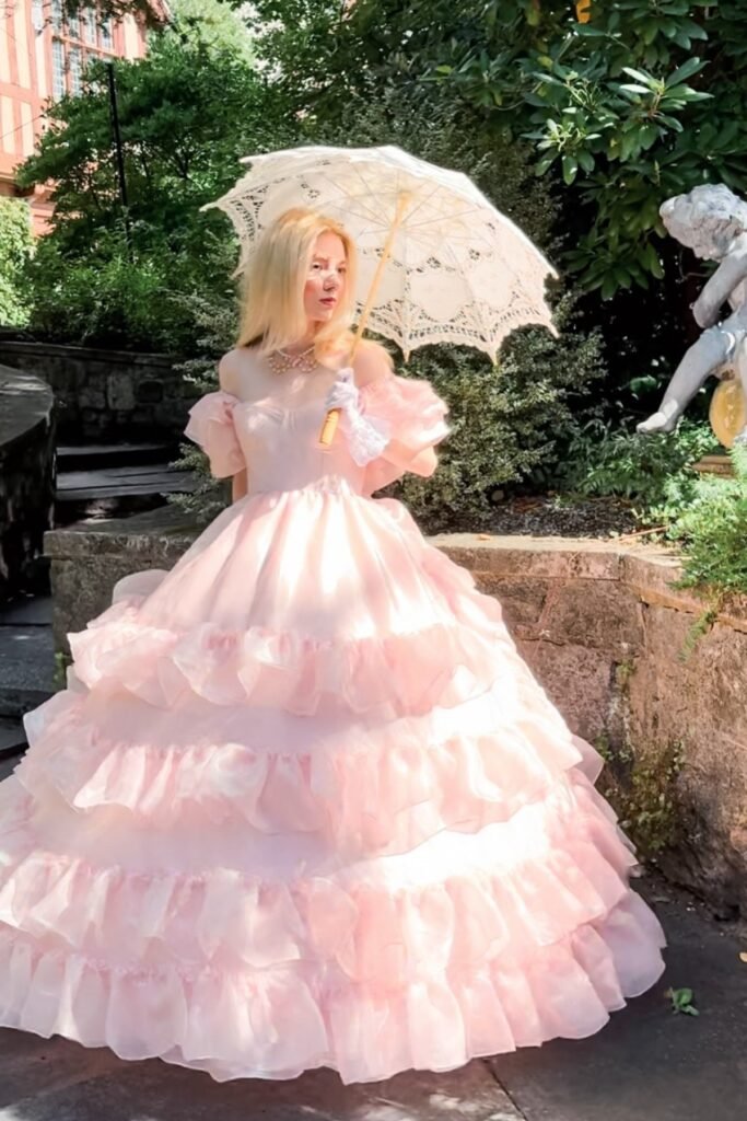 Pink Layered Tulle Ballgown + White Lace Parasol + Pink Pearl Necklace