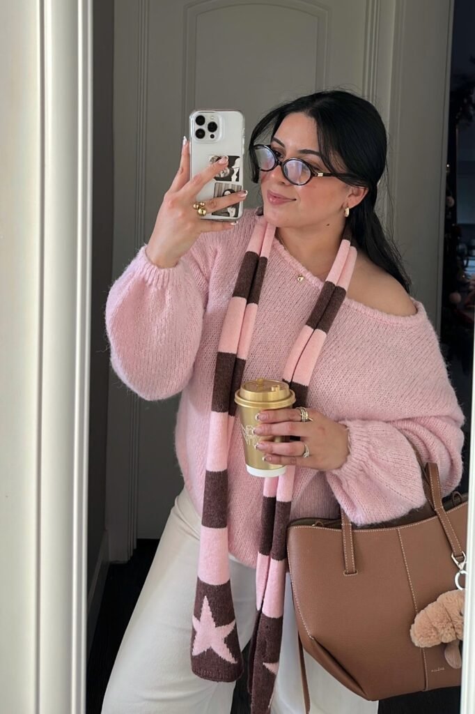 Pink Off-the-Shoulder Knit Sweater + Pink and Brown Striped Scarf + White Trousers + Tan Leather Tote