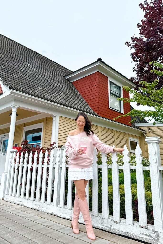 Pink Off the Shoulder Sweatshirt + White Eyelet Mini Skirt + Pink Western Boots