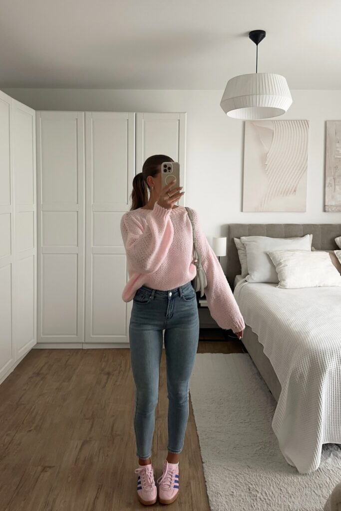 Pink Oversized Knit Sweater + Light Wash Skinny Jeans + Pink Gazelle Sneakers