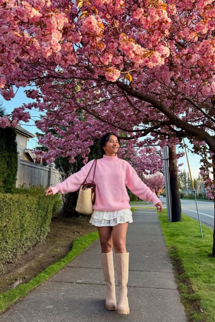 Pink Oversized Turtleneck + White Lace Mini Skirt + Beige Platform Boots