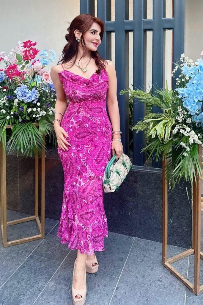 Pink Paisley Slip Dress + Nude Peep-Toe Platform Heels