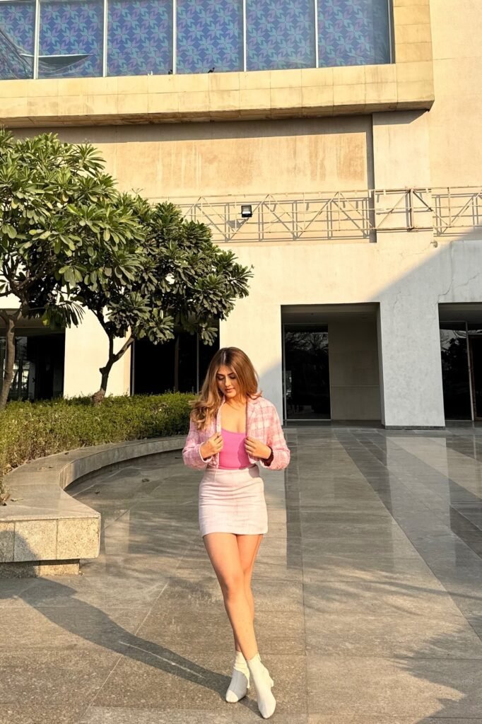 Pink Plaid Cropped Jacket + Pink Crop Top + Light Pink Mini Skirt + White Pointed Boots