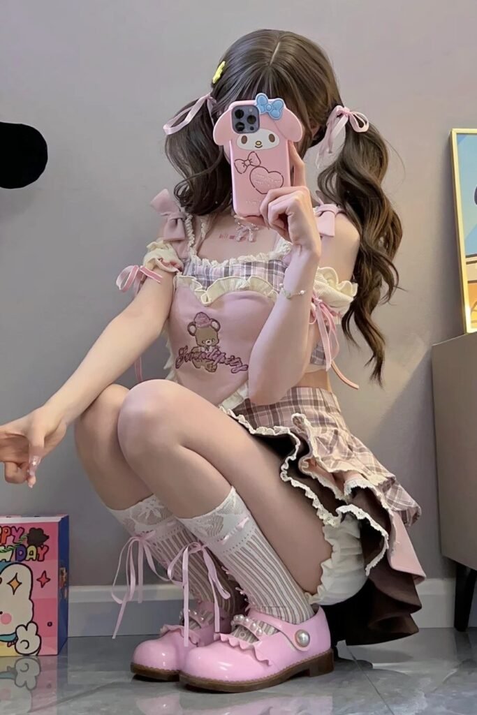 Pink Plaid Heart-Graphic Top + Pink Plaid Layered Skirt + Pink Pearl-Strap Mary Janes