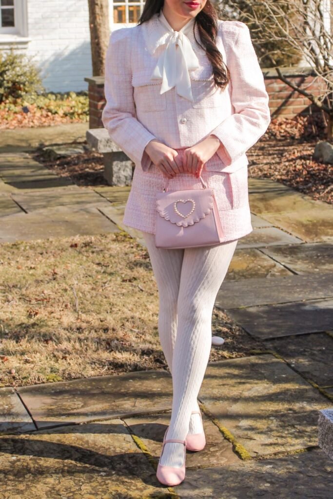 Pink Plaid Tweed Suit + White Pussy-Bow Blouse + White Cable Knit Tights