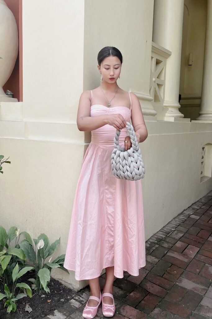 Pink Spaghetti Strap Midi Dress + Pink Satin Ballet Flats + Grey Chunky Knit Bag