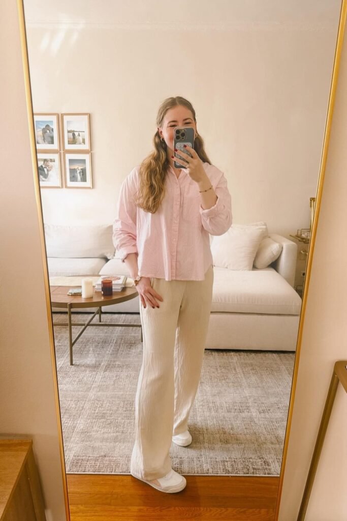 Pink Striped Button-Down + Cream Linen Trousers + White Sneakers
