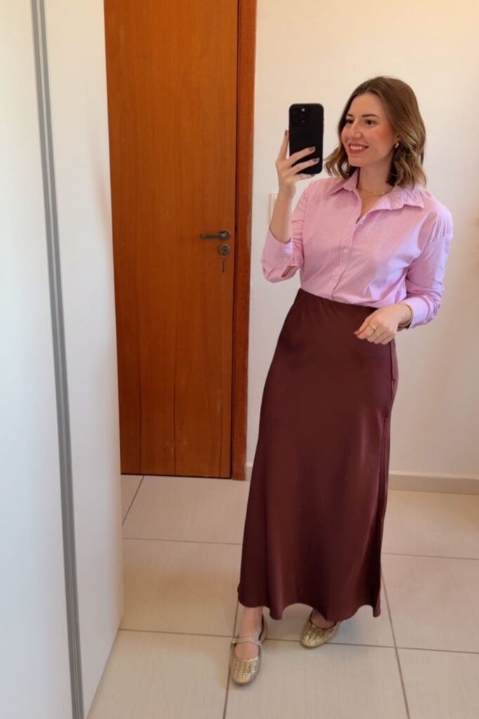 Pink Striped Button-Down Shirt + Chocolate Brown Satin Maxi Skirt + Gold Woven Flats
