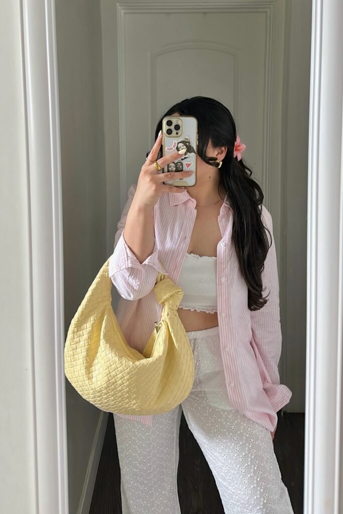 Pink Striped Button-Down Shirt + White Cropped Camisole + White Eyelet Pants + Yellow Woven Hobo Bag