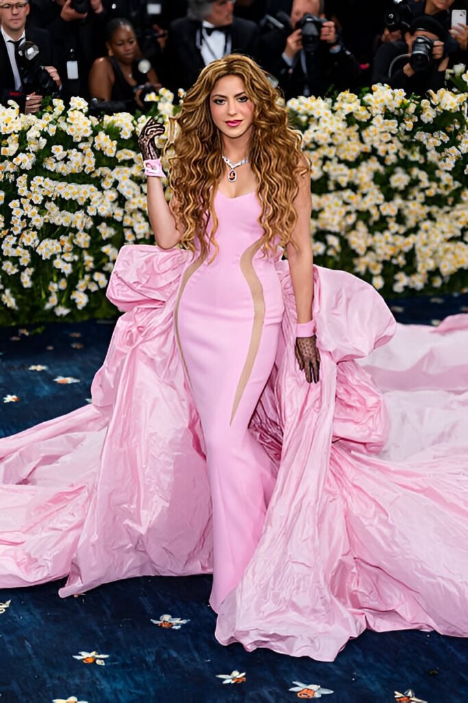 Pink Structured Ballgown with Sheer Panels + Black Lace Gloves + Decorative Necklace