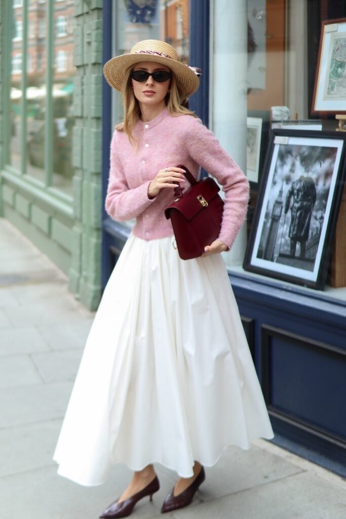 Pink Textured Cardigan + White Voluminous Maxi Skirt + Burgundy Pointed Heels