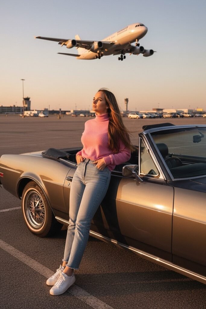 Pink Turtleneck Sweater + Light Wash High-Waisted Jeans + White Sneakers