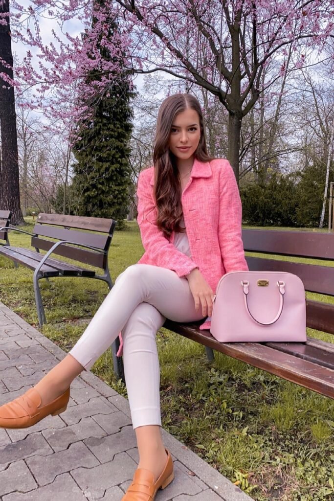 Pink Tweed Blazer + White Skinny Trousers + Tan Leather Loafers