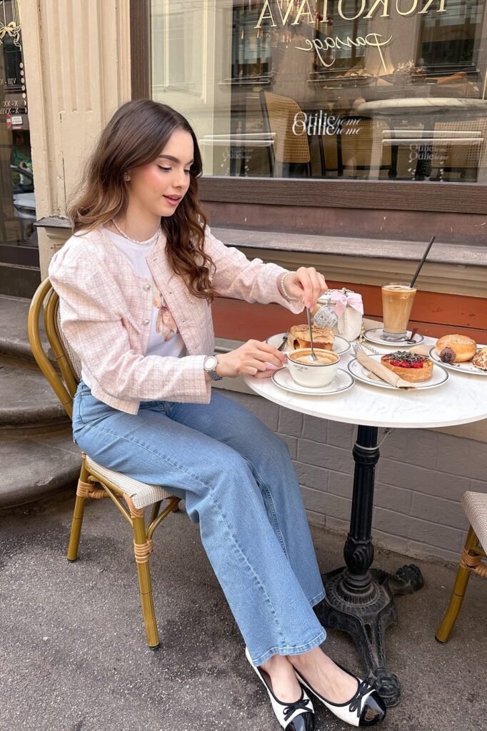 Pink Tweed Cropped Jacket + Light Wash Straight Jeans + White and Black Cap Toe Ballet Flats