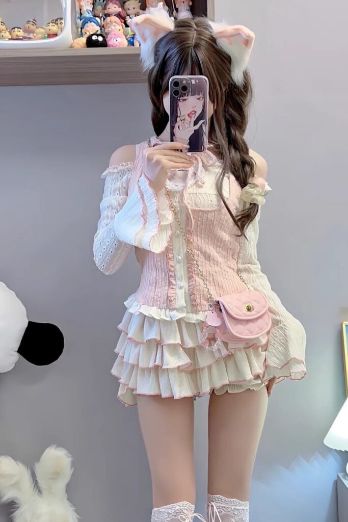 Pink and Cream Ruffled Off-the-Shoulder Top + Cream Tiered Skirt + White Cat Ear Headband