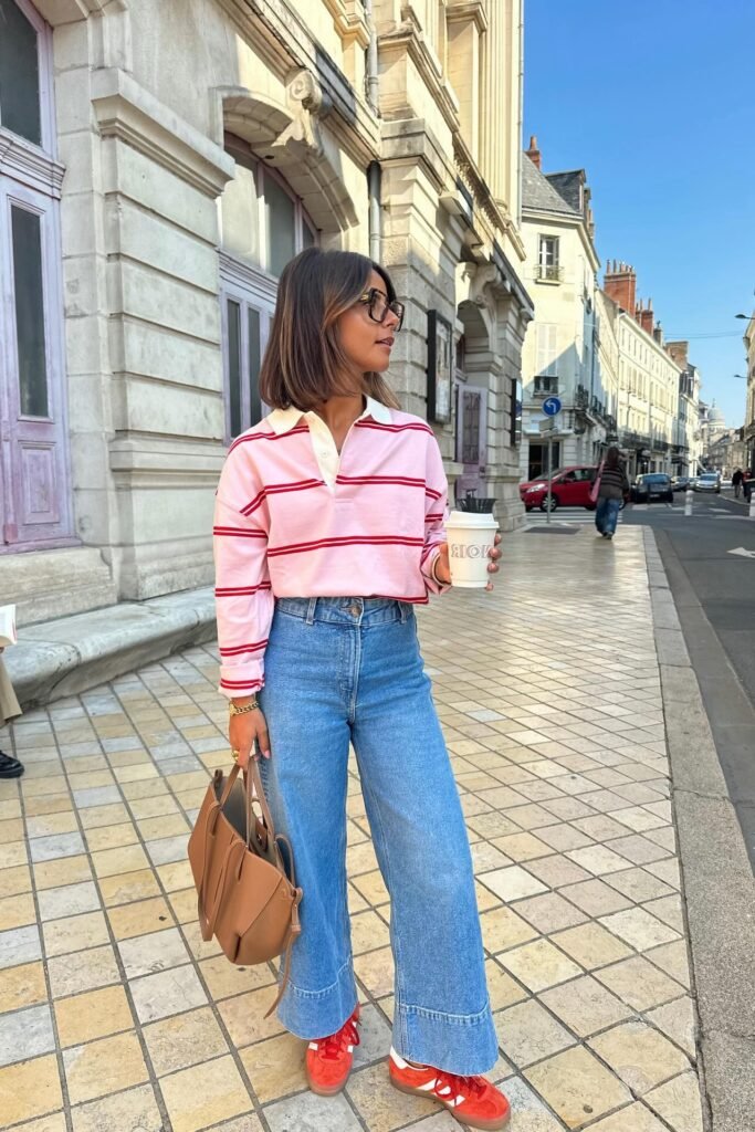 Pink and Red Striped Rugby Shirt + Wide-Leg Blue Jeans + Red Sneakers