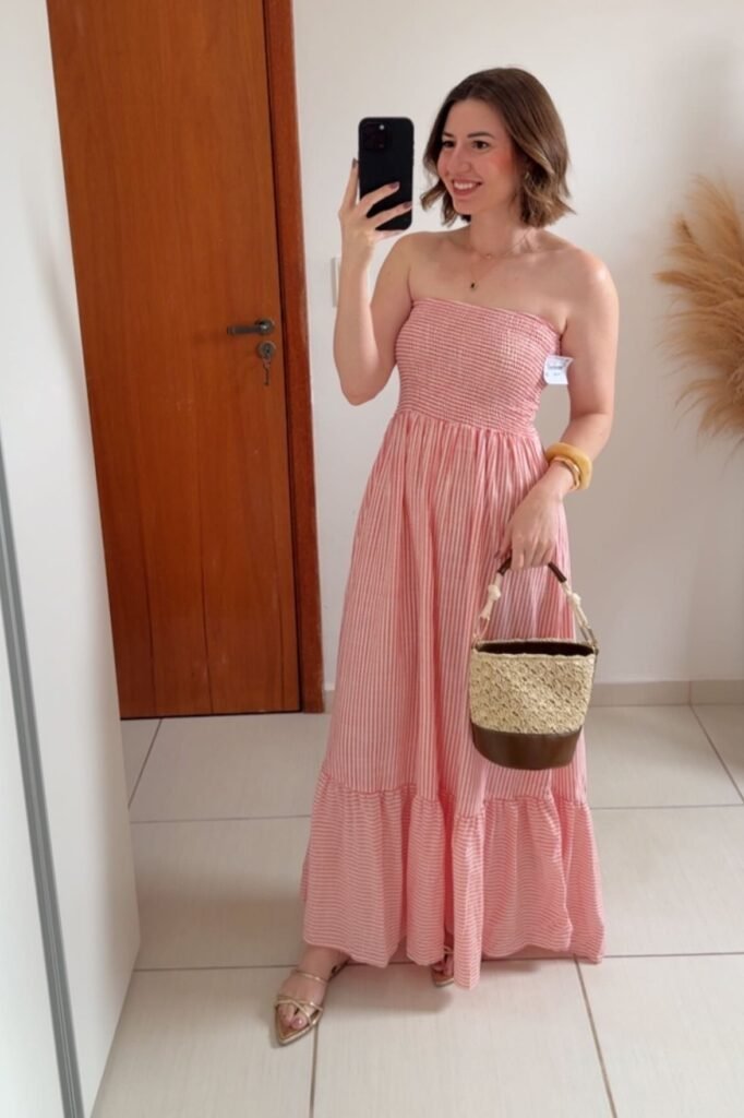 Pink and White Striped Strapless Smocked Maxi Dress + Gold Strappy Sandals