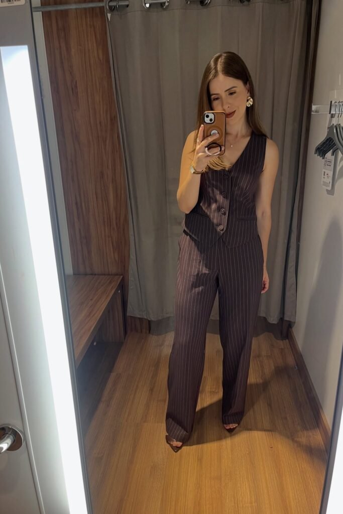 Pinstripe Tailored Waistcoat + Matching Pinstripe Wide-Leg Trousers + Brown Peep-Toe Heels