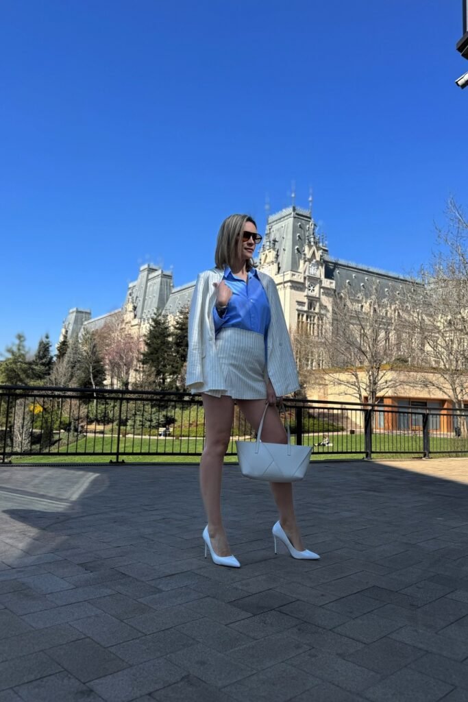 Pinstripe White Blazer + Blue Button-Down Shirt + Pinstripe Mini Skirt + White Pointed Pumps