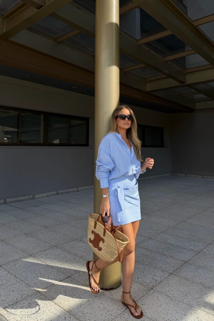 Pinstriped Blue Shirt Dress + Tan Straw Tote Bag + Brown Strappy Sandals