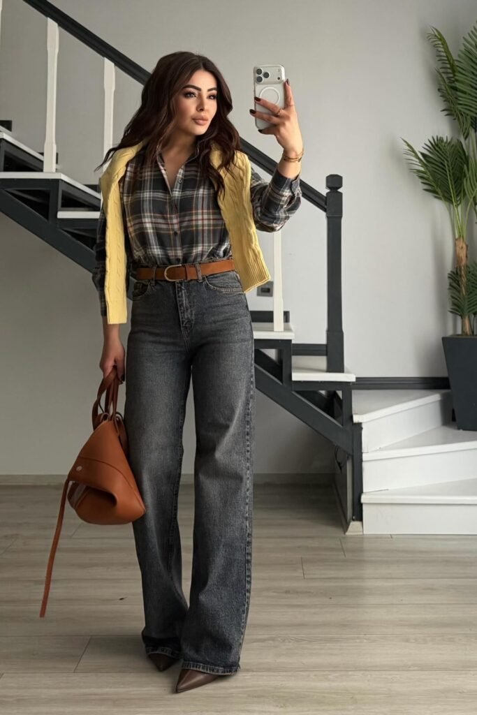 Plaid Button-Down Shirt + Yellow Cable-Knit Sweater (Shoulder Drape) + Charcoal Grey Wide-Leg Jeans + Brown Pointed Boots