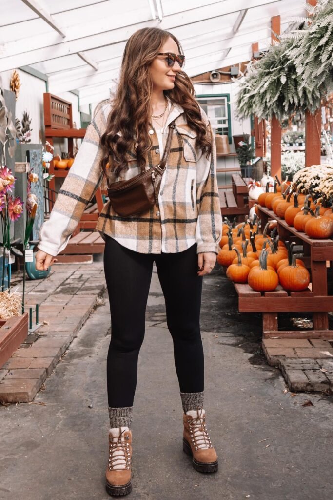 Plaid Flannel Shacket + Black Leggings + Brown Shearling Boots