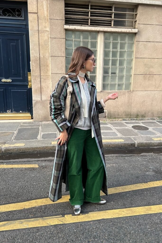 Plaid Maxi Trench Coat + Grey Cardigan + Green Corduroy Wide Leg Pants + Silver Loafers