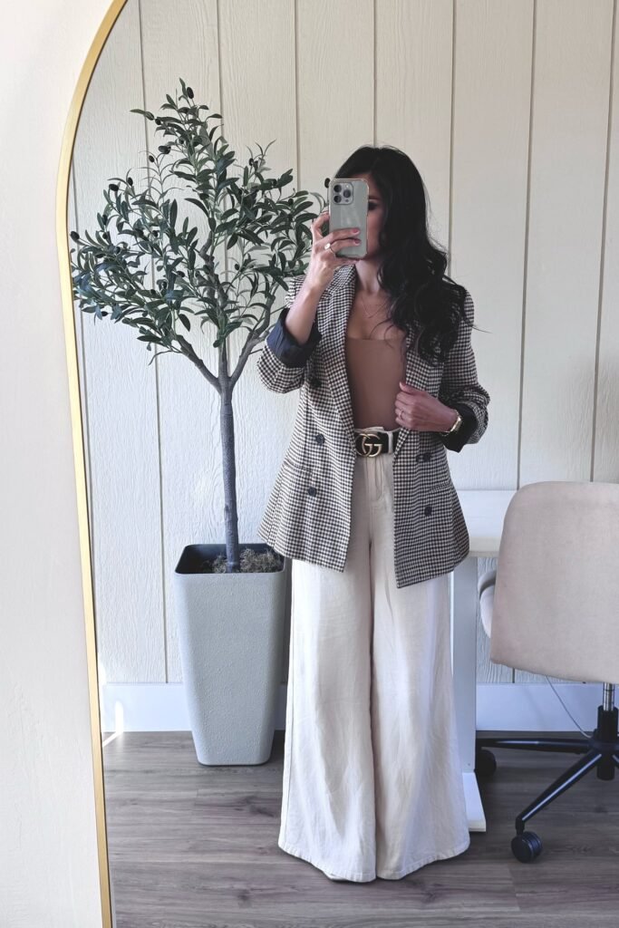 Plaid Oversized Blazer + Beige Wide Leg Trousers + Tan Bodysuit