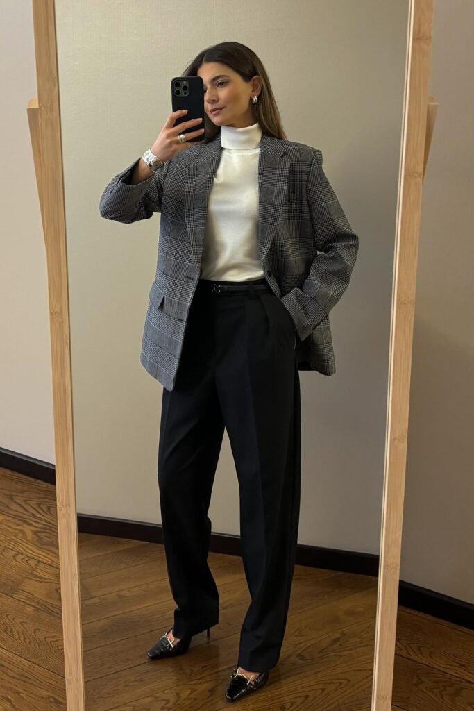 Plaid Oversized Blazer + White Turtleneck + Black Wide Leg Trousers