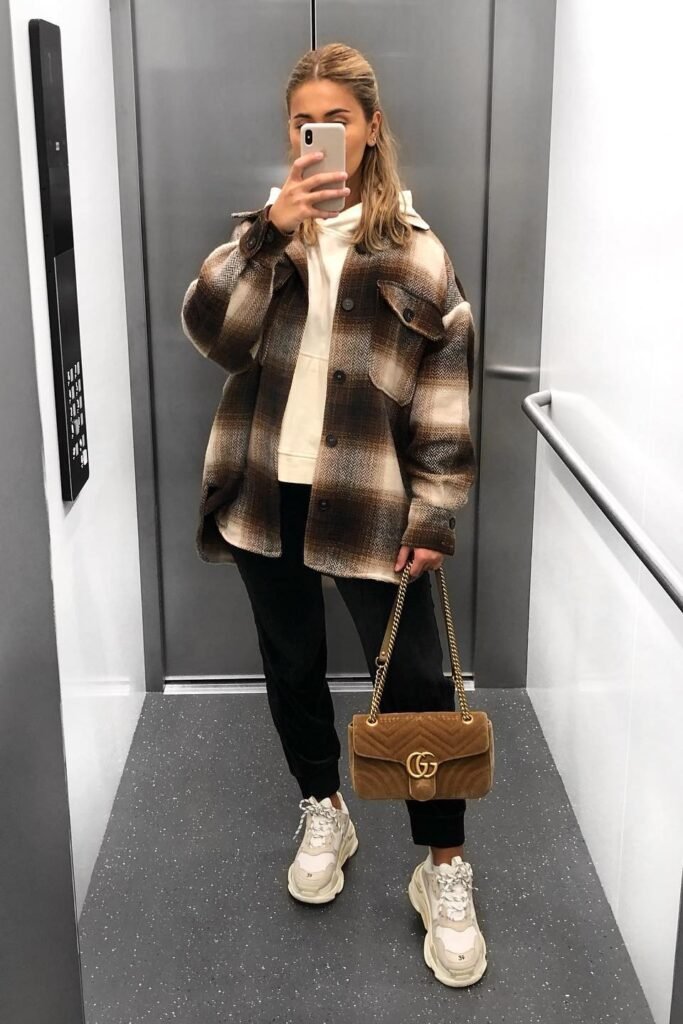 Plaid Shacket + White Hoodie + Black Joggers + Chunky White Sneakers
