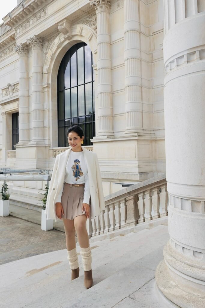 Polo Bear Graphic Sweatshirt + Taupe Pleated Mini Skirt + Cream Leg Warmers