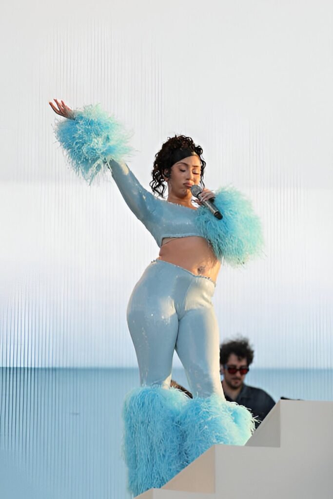 Powder Blue Feather-Trimmed Crop Top + Matching Blue Sequin Flare Pants