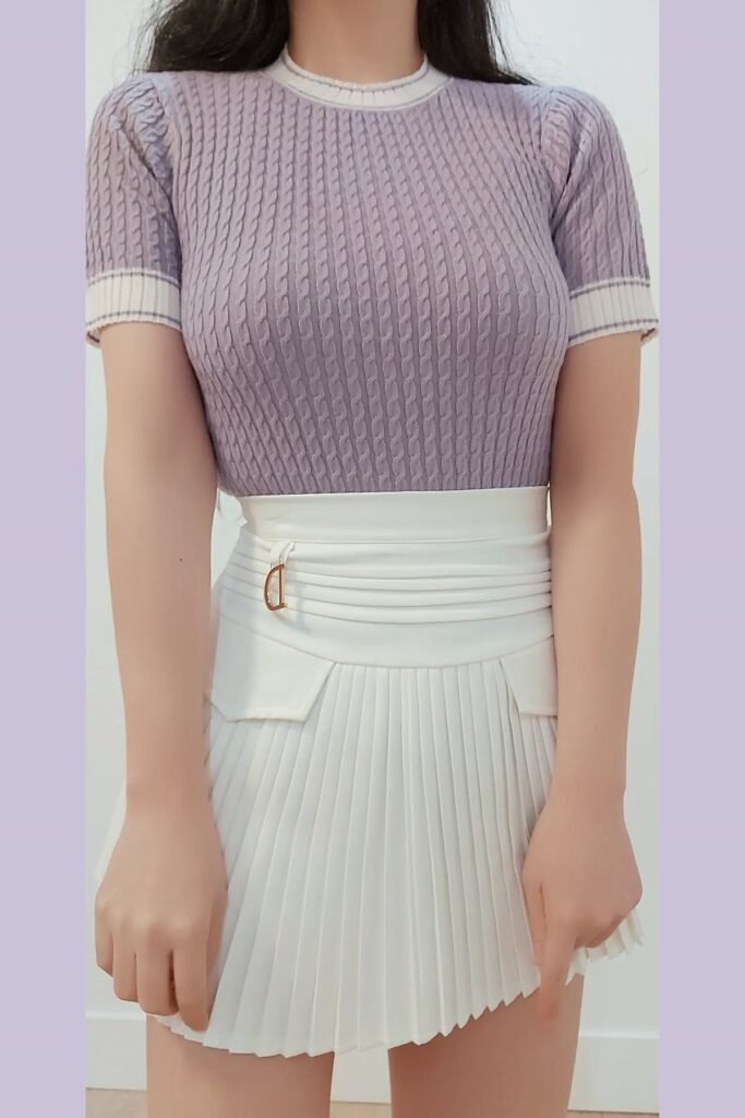 Purple Cable Knit Short Sleeve Top + White High-Waisted Pleated Mini Skirt