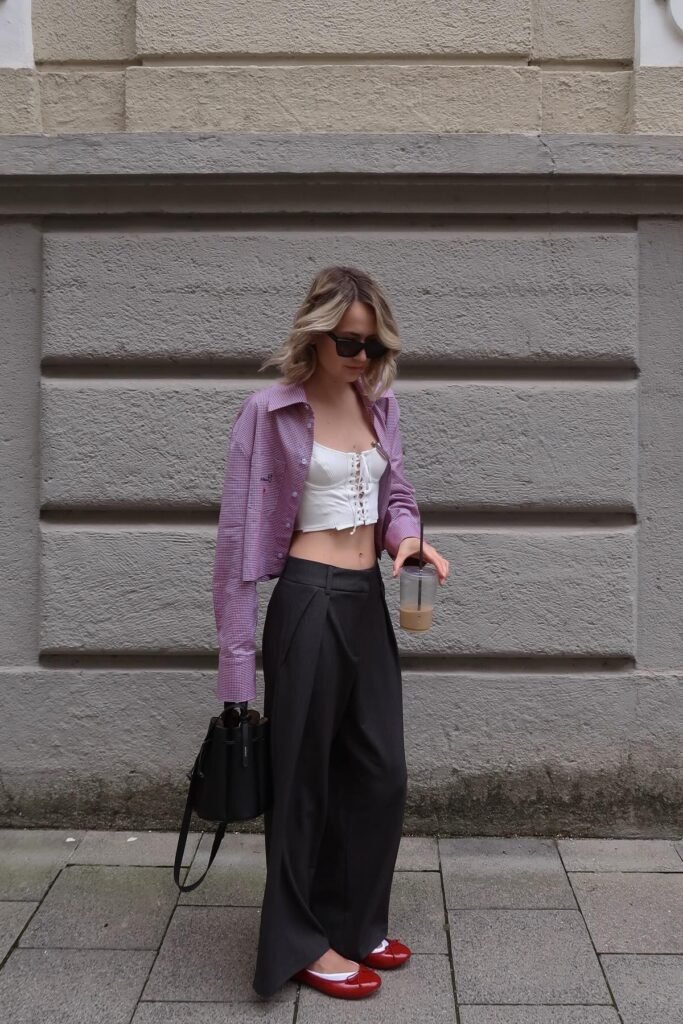 Purple Gingham Shirt + White Lace Up Corset Top + Black Wide Leg Trousers + Red Ballet Flats