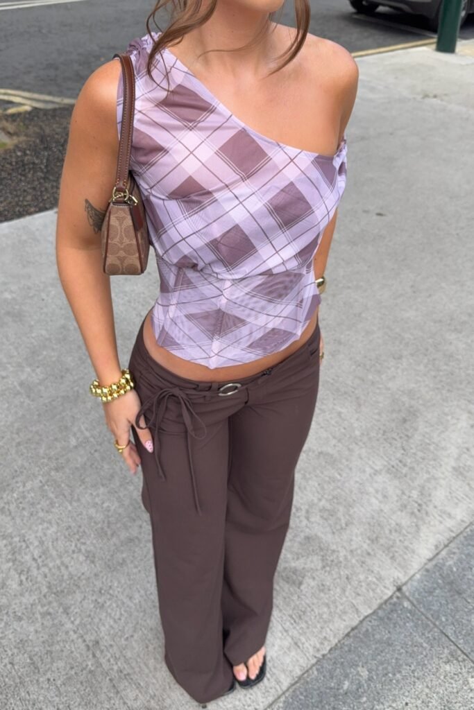 Purple Plaid One Shoulder Corset Top + Brown Low Rise Trousers + Black Sandals